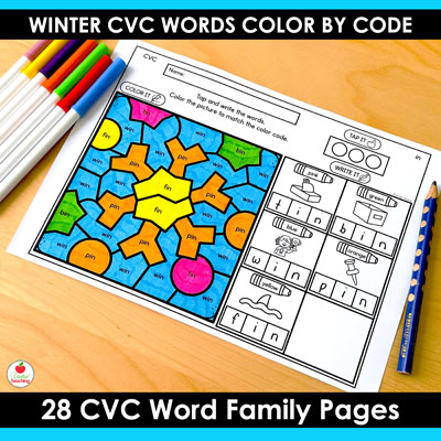 Winter Color by Code CVC Words Worksheet targeting a CVC word family