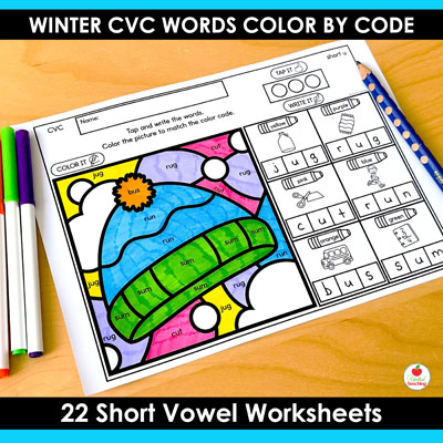 Winter Color by Code CVC Words Worksheet targeting a short vowel