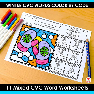 Winter Color by Code CVC Words Worksheet with mixed cvc words