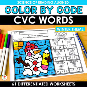 Winter Color by Code CVC Words Worksheets