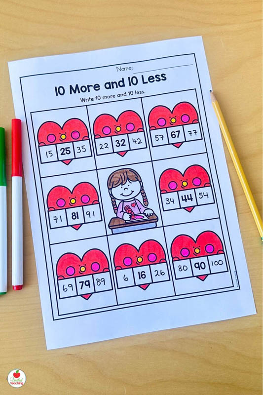 10 More and 10 Less Valentine Math Worksheets