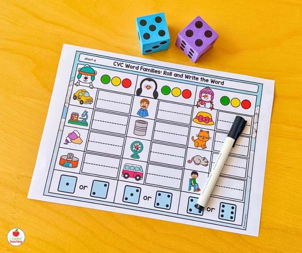 CVC word families roll and write Winter mat