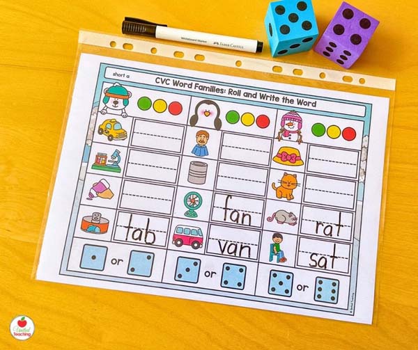 Winter CVC word families roll and write mat