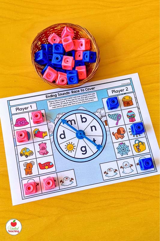 Winter ending sounds spin and race to cover phonics partner game