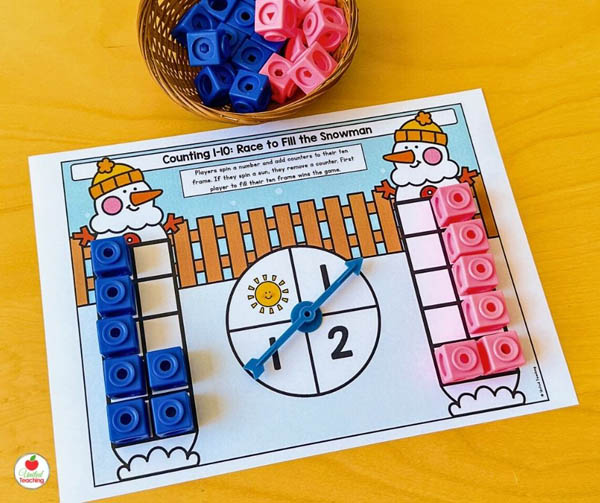 Race to fill a Snowman Ten Frame Math Game