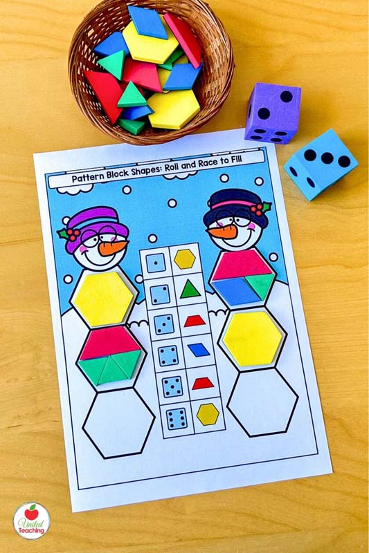 Roll and Race to Fill a Snowman Winter Pattern Block Math Game