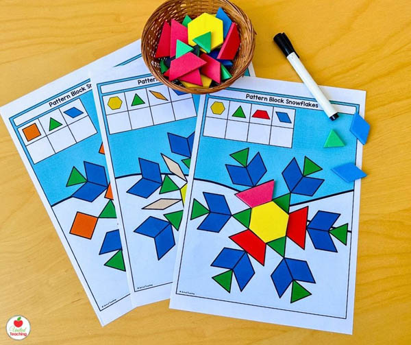 Snowflake Pattern Block Mats for Winter Math Centers