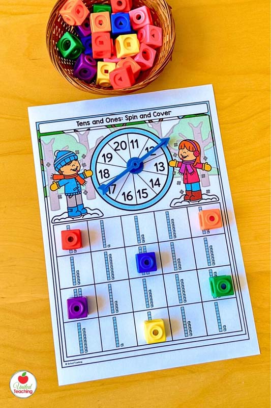Spin and Cover Tens and Ones Winter Math Activity