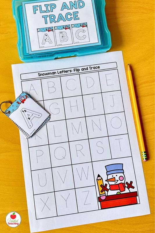 Winter alphabet flip and trace letter writing center