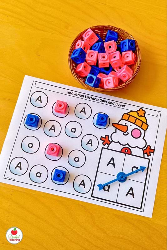 Snowman spin and cover Winter alphabet center
