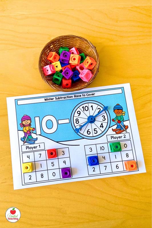 Subtraction from 10 Winter Math Partner Game