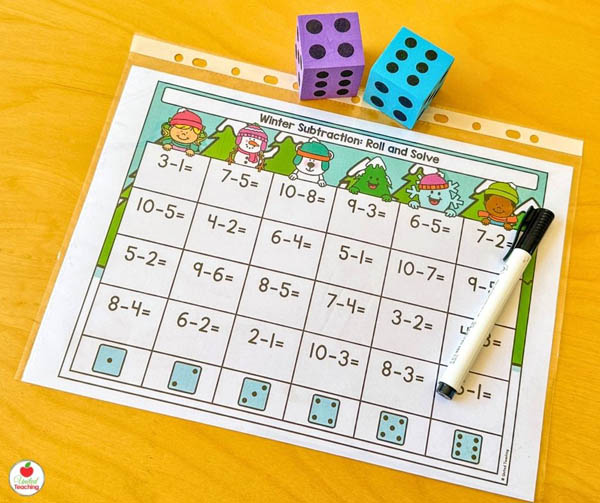Roll and Subtract Winter Math Center