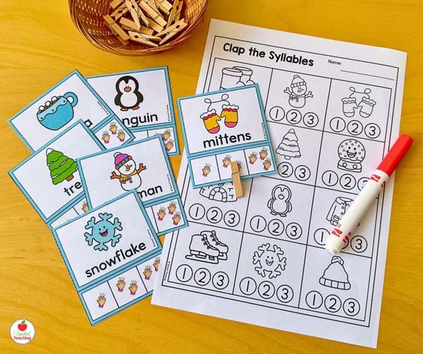 winter syllable clip cards and worksheet