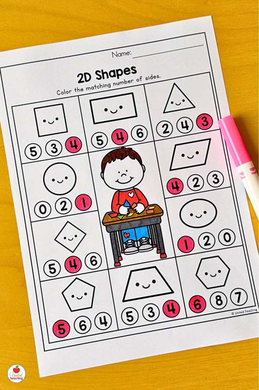 2D Shapes Valentine math worksheet