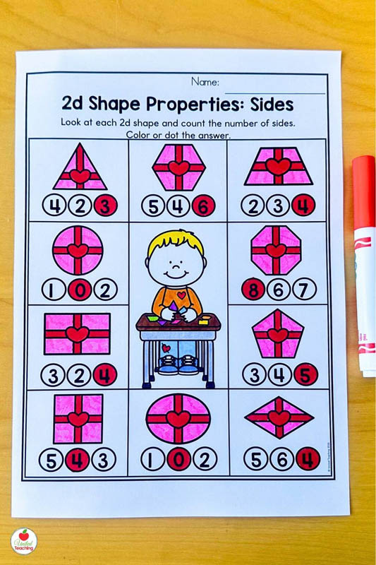 2D Shape Properties Valentines Day Math Worksheet