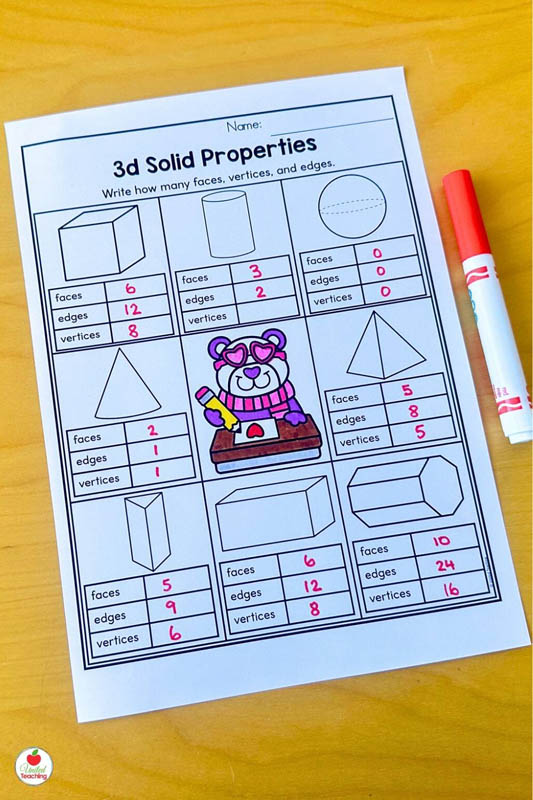 3d shape properties Valentine Math Worksheet