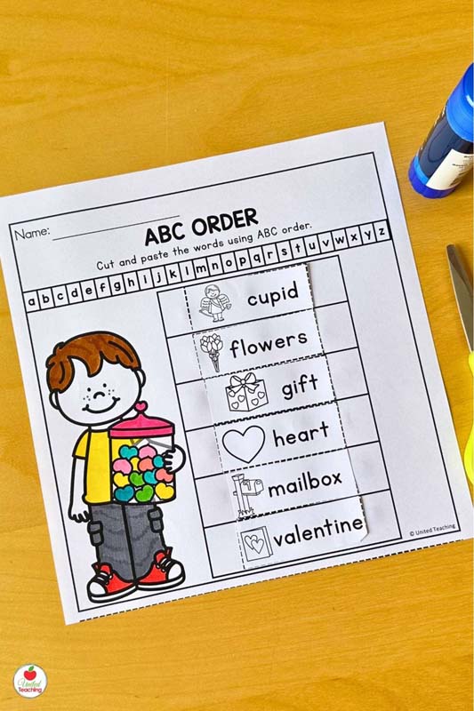 Valentine ABC Order cut and paste worksheet for kindergarten