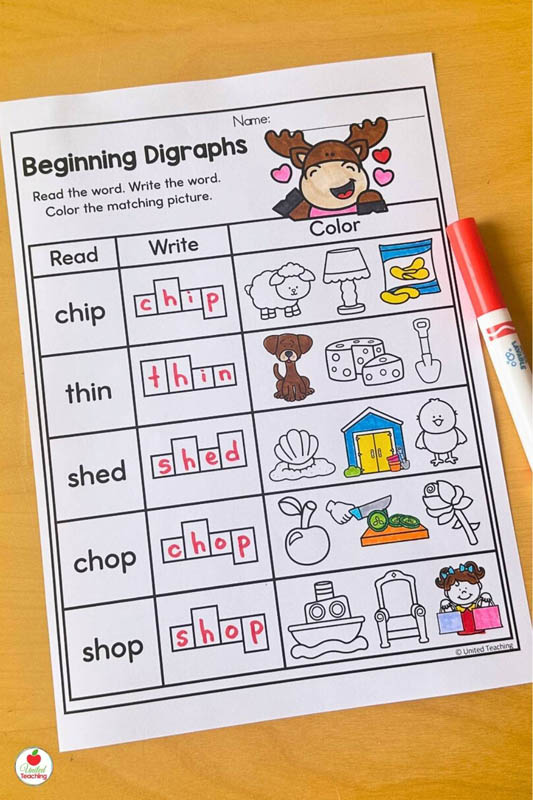 Beginning Digraphs Read Write Color Valentine Worksheet