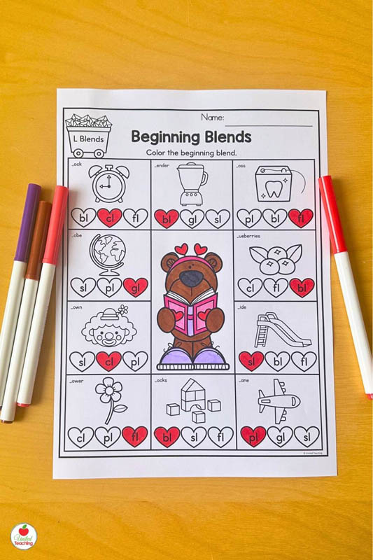 Beginning L Blends Valentine Worksheet
