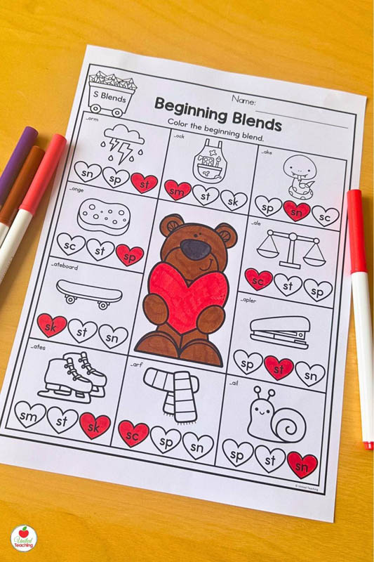 Beginning S Blends Valentine Worksheet