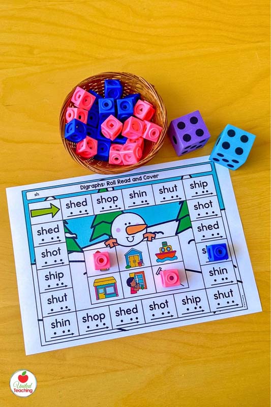Beginning sh digraphs roll and cover Winter phonics game 