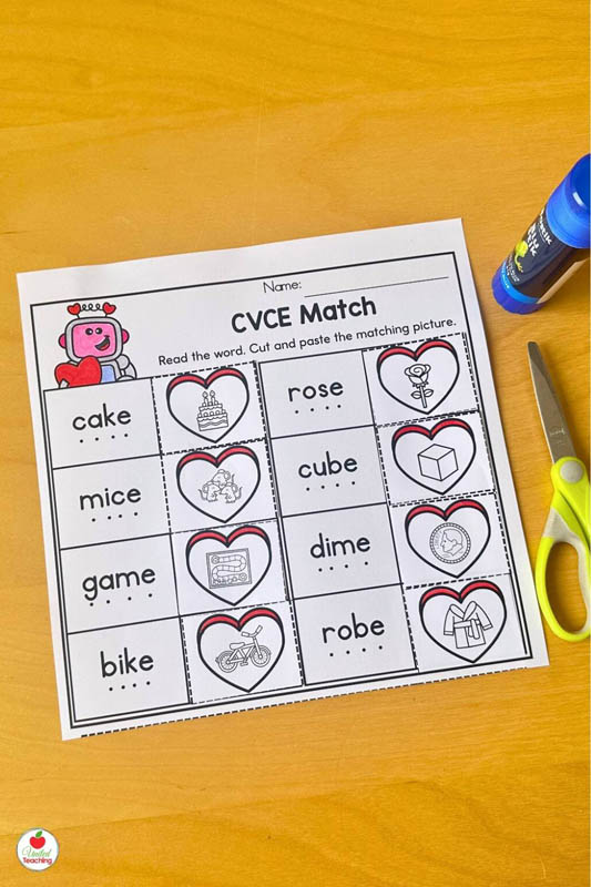 Valentines Day CVCE Word Matching Worksheet