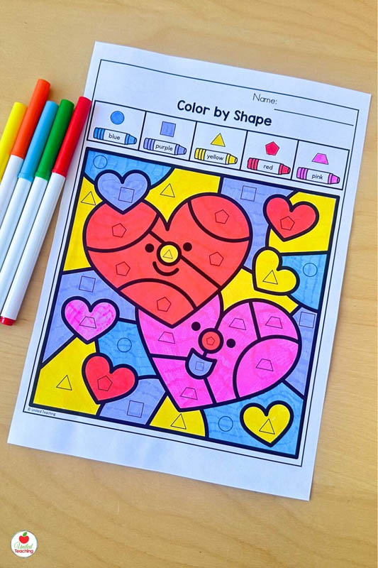 Valentines Day Color by Shape Math Worksheet
