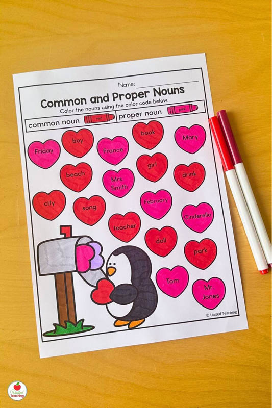 Common and Proper Nouns Valentine Worksheet