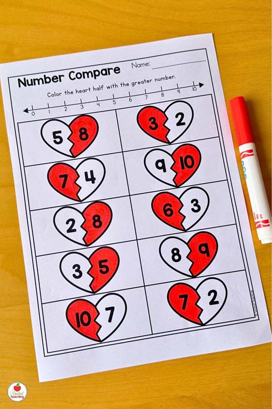 Comapring Numbers with a number line valentine math worksheet