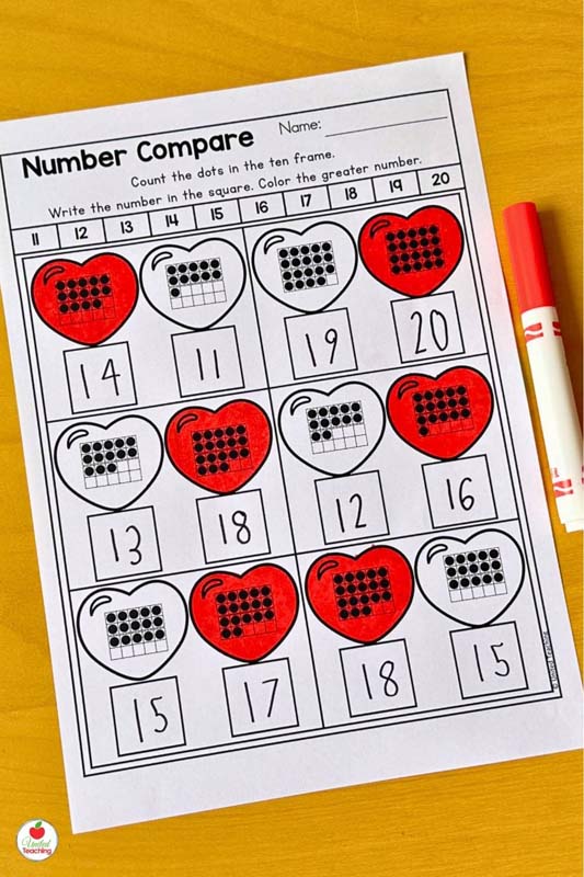 Comparing Numbers with Ten Frames Valentine Math Worksheet