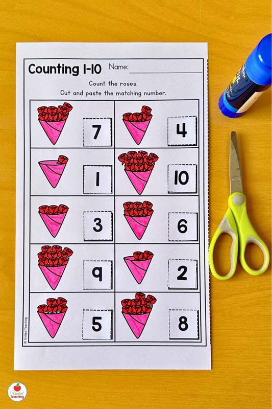 Counting Flowers 1 to 10 Cut and Paste Valentine Math Worksheets