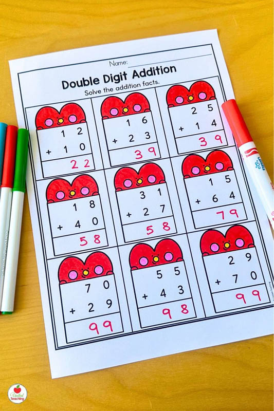 Double Digiti Addition Valentines Day Math