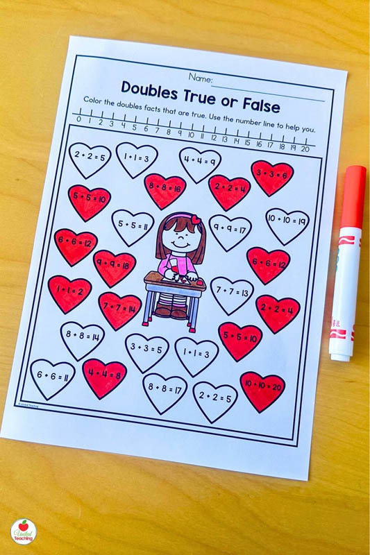 Doubles true or False Valentine Math Worksheet