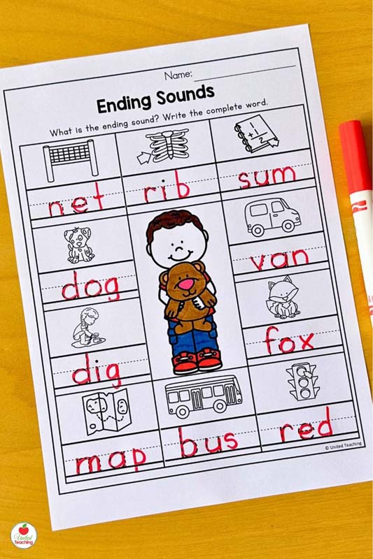 Valentine ending sounds worksheet for kindergarten