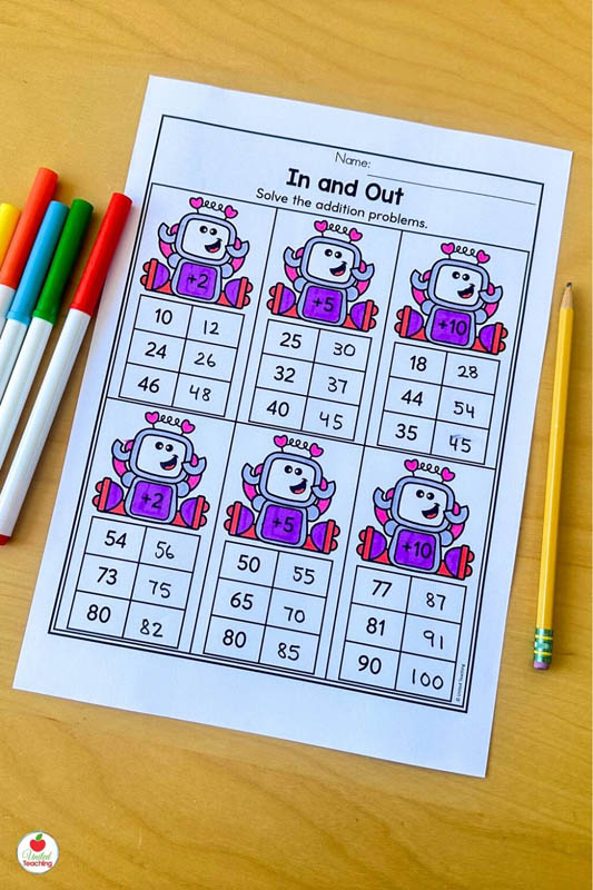 Addition In and Out Valentine Math Worksheet