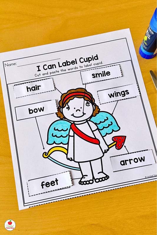 Cupid labeling worksheet for Valentines day