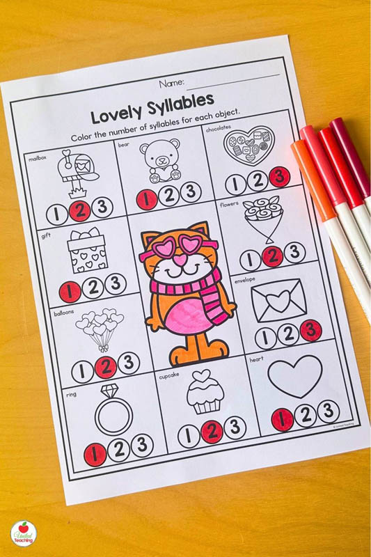 Valentines Day Syllables Worksheet for First Grade