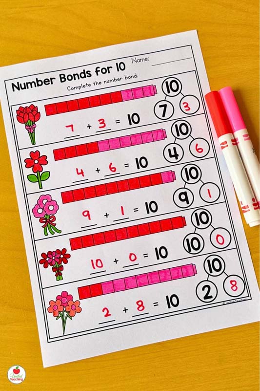 Making 10 Valentine Number Bonds Math Worksheet