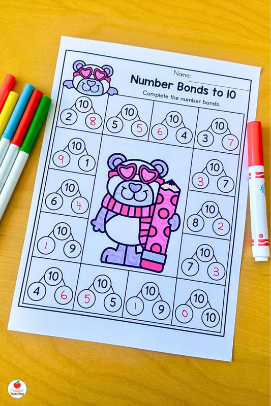 Number Bonds to 10 Valentine Math Worksheet