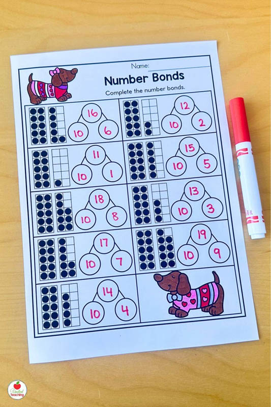 Valentine Math Worksheet for Number Bonds