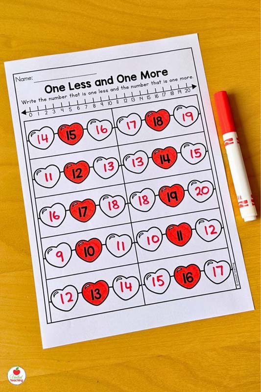 One Less and One More Valentine math worksheet