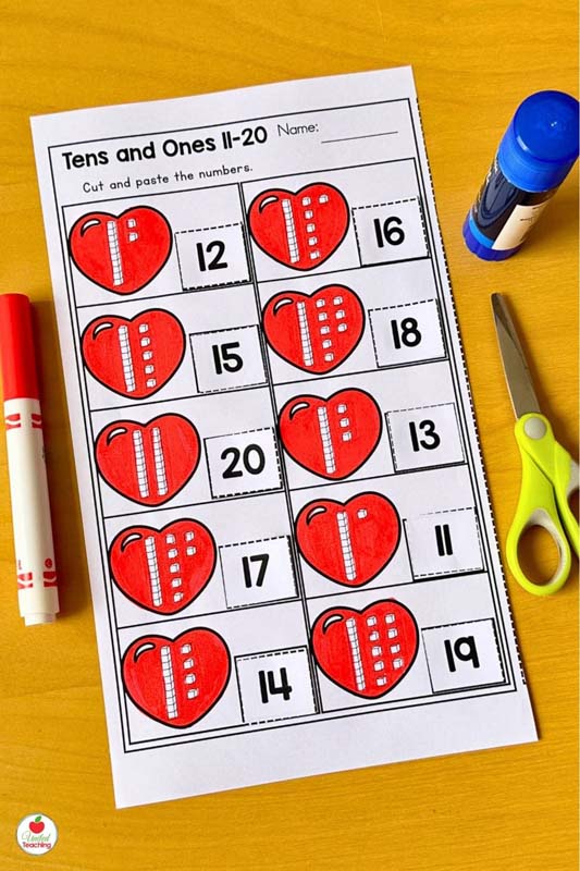 Tens and Ones Valentine Place Vale Math Worksheet