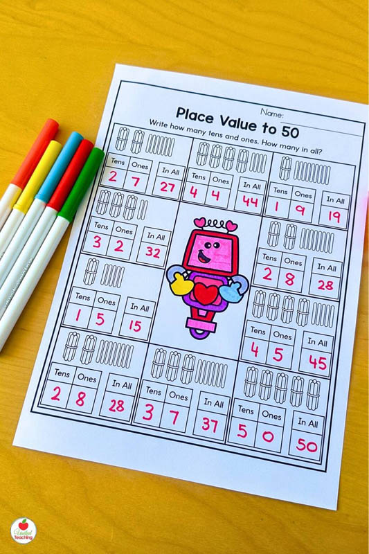 Place Value to 50 Valentine Math Worksheet