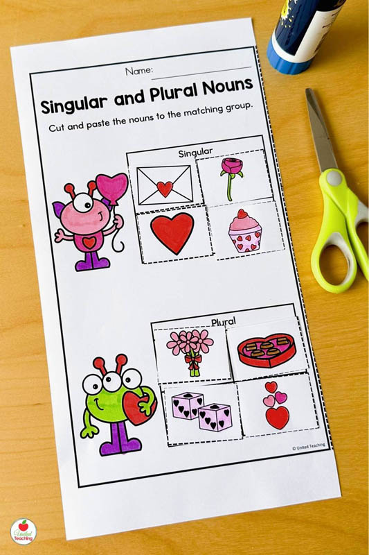 Singular and Plural Nouns Valentines Day Worksheet