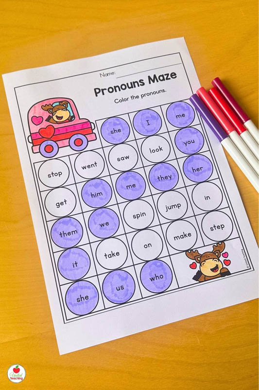 Pronouns Maze Valentines Day worksheet