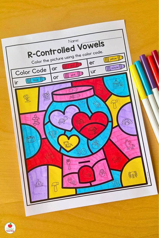 Color by Code R Controlled Vowels Valentine Worksheet