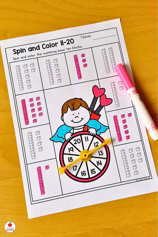 Place Value Spin and Cover numbers 11 to 20 Math Worksheet for February