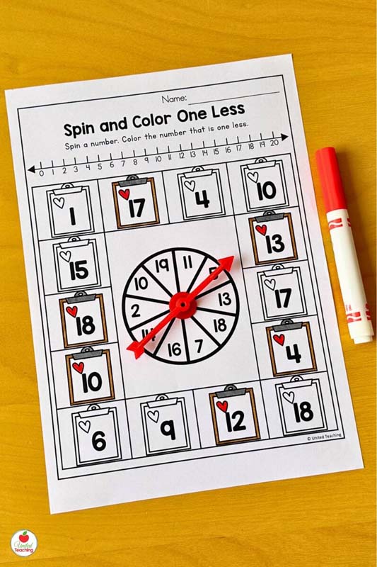Spin and Color One Less February Math Worksheet