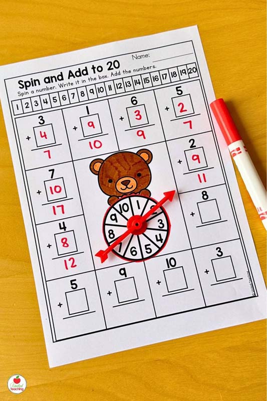 Spin and add to 20 February Math Worksheet for kindergarten