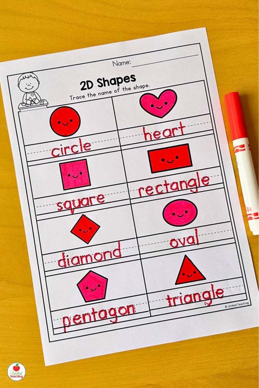 Tracing 2d shape names February worksheet